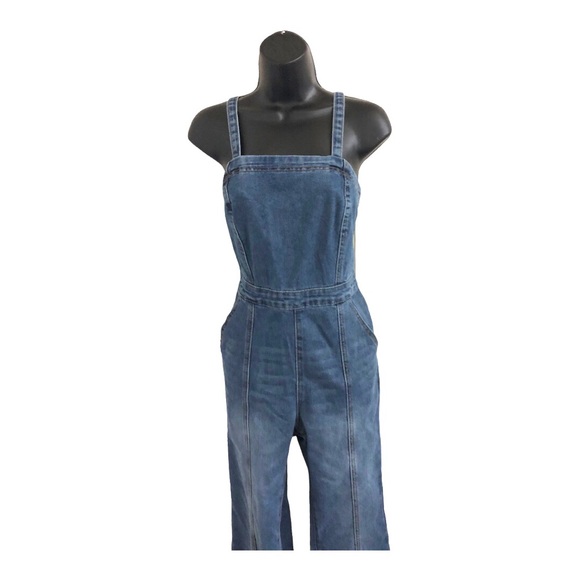 Sincerely Jules blue jeans denim faded medium wash smocked jumpsuit size Small - Picture 10 of 17